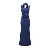 Pure Desire Style Collarbone-revealing Strapless Long Dress Feminine And Slim-fitting With Pleated Waist Tie Straps Bodycon LWIO