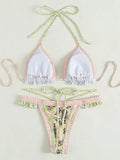 Floral Print Halter Ruffle Frilled Bikini Women Thong Swimwear Female Swimsuit Two-pieces Bikini Set Bathing Suit Swim Beachwear