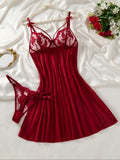 Deep V netted embroidered nightgown and thong set - burgundy lace halter top seductive and alluring women's home wear ZA824066