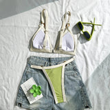 Splicing Ribbed High Cut Ring Mini Micro Bikini Women Swimwear Female Swimsuit Two-pieces Bikini Set Bathing Suit Swim Beachwear