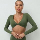 Long Sleeve Gym Crop Tops for Women Twist Deep V Workout Quick Dry Padded Sports Fitness Yoga T-Shirt