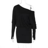 Woman Clothes Diagonal Collar Long Sleeve Package Hip Short Dress Streetwear Black Pink High Waist Tunics Slim Party Dresses