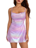 Women Sleeveless Backless Party Club Dress Solid Color Shiny Spaghetti Strap Mini Dress for Cocktail Nightclub Beach