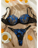 Toucheart Sexy Bra Underwear Set For Women Embroidery Butterfly Printing Patchwork Mesh Hollow Out Perspective Underwear Suit