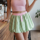 Women's Summer Mini Skirts Elastic Band Bubble Plaid Print Skirt for Daily, Travel, Parties