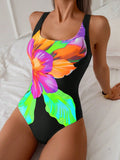 Vintage Black Big Floral Print One Piece Swimsuit 2026 Women U Neck Slim Tummy Control Swimwear Holiday Bathing Suit Monokini