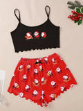 Women's Sleepwear Christmas Santa Print Pajama Set Spaghetti Strap Crew Neck Top and Shorts Set Home Wear Loungewear