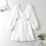 Foridol Waist Hollow Out V Neck Backless White Lace Party Dress Christmas Vestido Robe Ruffled Cotton Long Sleeve Autumn Dress