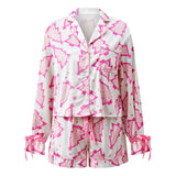 Women's Christmas 2 Pieces Pajama Sets Fashionable Santa Printed Long Sleeve Tops with Shorts Satin Soft Sleepwear
