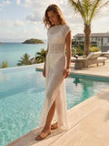 Women's Solid Color Knit Sheer Dress Summer Swim Cover Up Cap Sleeve Round Neck Sequin Dresses for Beach