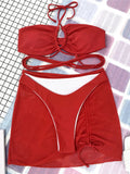 Wrap Around with Mesh Sarong Skirt Bikini Female Swimsuit Women Swimwear Three-pieces Bikini Set Beachwear Bathing Suit Swim