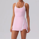 Color Contrast Tennis Dresses Women Beautiful Back Hollow Back Cross Split Skirt Pocket Sports Fitness One-piece Yoga Golf Suit