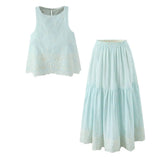 Sleeveless Top Skirt Two Pieces Matching Set for Women Light Blue Vintage Skirt Set French Style Embroidery Cotton Dress Set