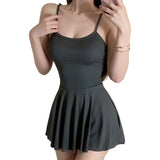 Women Sexy Halter Backless Slim V-neck  Mini Dress Smooth  Allure Pleated Micro MINI Dress Fashion Uniform Party Night Outfits