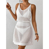 S - XL V Neck Hollow Out Crochet Knitted Tunic Beach Cover Up Cover-ups Beach Dress Mini Beach Wear Beachwear Female Women V7048