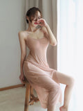 Women's Nude Slip Dress Sexy Side Slit Lingerie Dress Spaghetti Strap Bodycon Sheath Nightdress Minimalist Elegant Fashion