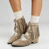 Women's Vintage Fringe Summer Ankle Boots Bohemian Buckle Straps Pointed Toe Ethnic Tassel Hollow Out Western Cowgirls Shoes