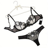 Black Embroidered Floral Pattern Pajama Set - A Sexy Bra and Stockings Combination Set for Women ZA824034
