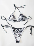 Ladies Zebra Stripe Print Bikini Set Casual Sexy Backless Tie Swim Top Beach Vacation Fashionable Side Tie Swim Bottoms