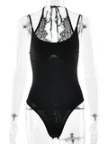 FDYOUI Women Sexy Sleeveless Lace Patchwork Pink Bodysuits 2026 Summer Halter Lace-up Backless One Piece Party Club Jumpsuit Top