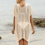 Short Sleeve V Neck Hollow Out Crochet Knitted Tunic Beach Dress Beach Wear Beachwear Beach Cover Up Cover-upsFemale Women V8061