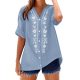 Womens V Neck Embroidered Linen Tunic Shirt Roll Up Sleeve Button Down Loose Fit Casual Boho Blouse Vintage Summer Beach Shirts