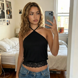 Women's Summer  Slim Fit Going Out Halter Tank Tops Lace Trim Hem Sleeveless Backless Vest