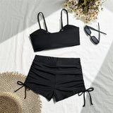 Wrinkled Knotted Shorts High Waist Bikini Female Swimsuit Women Swimwear Two-Pieces Bikini Set Bather Bathing Suit Swim V6197