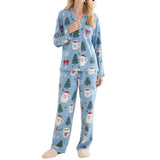 Women's 2025 Christmas Pajama Set Long Sleeve Lapel Santa Claus Christmas Tree Print Shirt Pants Two Pieces Sleepwear