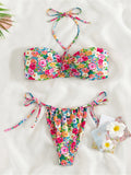 Sexy Floral Printed Halter Lace Up Bikini Female Swimsuit Women Swimwear Two-pieces Bikini set Bather Bathing Suit Swim K5026