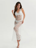 Women Lace Dress Sleeveless V Neck Long Dress for Party Club Beach 2026 Summer Sexy See Through Bikini Cover-ups