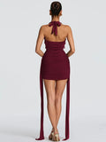 FDYOUI Elegant Halter Neck Water Drop Decoration Party Club Dress for Women 2026 Backless Bandage Folds Short Evening Dresses