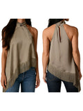 Women's Summer Solid Color Satin Halter Mock Neck Tops Sleeveless Tassel Hem Loose Fit Tank Tops