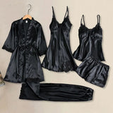 5 Pcs/Set Silky Satin Women Pajamas Set Nightgown Nightdress Top Shorts Pants Set Lace Patchwork Loose Thin Women Sleepwear