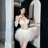 Sweet And Flirty Sexy Pure Desire Dress High-end Sensual And Alluring Erotic Solid Color Mesh Lace Trimmed Dress For Woman Z2YQ