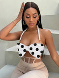Women's Pure Desire Sexy Hot Girl Polka Dot Halter Pearl Bowknot Strap Vest Hanging Neck Pure Desire Casaul Style Vest IFQ9