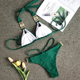Sexy Rhinestones Thong Bikini Women Green Push Up Glitter Diamond Band 3 Piece Swimsuit Chain Metal Bathing Suit Luxury Swimwear