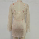 V Neck Long Sleeve Hollow Out Crochet Knitted Tunic Beach Cover Up Cover-ups Beach Dress Beach Wear Beachwear Female Women V7643