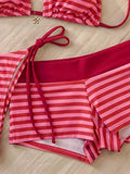 Sexy Red Striped Bikini Set Women Metal Flower Push Up Bra High Waist Pants 3 Piece Swimsuit 2026 Bathing Suit Holiday Swimwear