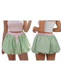 Women's Summer Mini Skirts Elastic Band Bubble Plaid Print Skirt for Daily, Travel, Parties