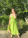 Foridol Elastic Smocking Green Cotton V Neck Summer Women's Dress Sleevless Long Green Maxi Casual Strapy Dress Solid Female