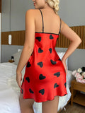 Valentine's Days Sexy Backless Ice Silk Stain Slip Mini Dress Women Nightdress Heart Printed Lace Pajamas Night Wear Nighties