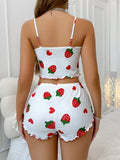 Summer Strawberry Print 2PCS Pajama Set Women's Casual Sleepwear Suspender Crop Tops and Shorts Comfortable Home Wear