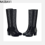 Sexy Women Knee High Boots Square Heel Punk Lace Mesh Boots Gladiator Cool Boots Breathable Women's Sandals Botas De Mujer New