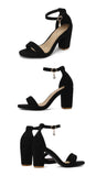 Beige Suede Ankle Strap Block Heel Sandals for Women, Round Open Toe with Rhinestone Accent, Multiple Colors Available