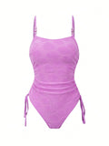 Sexy Purple Shell Print One Piece Swimsuit 2026 Women Pearls Strap Drawstring Side Tummy Control Holiday Bathing Suit Swimwear
