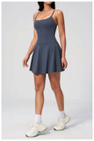 Women Tennis Dress with Shorts Pocket Square Neck Hollow Back Sleeveless One Piece Sports Outfit Fitness Pleate Mini Dresses