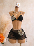 Sexy Black 3D Flower Holiday Bikini Set 2026 Women Drawstring Side Knitted Cover Up 3 Piece Swimsuit Beach Bathing Suit Swimwear