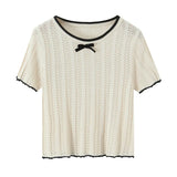 Fashion Casual Knitted Shirt With Black Trim Bow Knit T Shirt Short Sleeve Hollow Out Crew Neck Top For Women Daily Outfit EMZE
