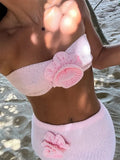 Women’s Two Piece Knit Summer Outfits Strapless 3D Flower Tube Tops and Long Skirt Set Beachwear Sexy Club Holiday Clothes
